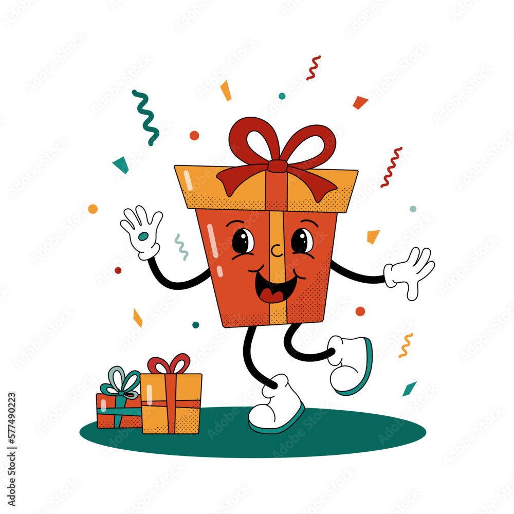 Naklejka premium Comic flat gift box character with bow on confetti background. Vector cartoon illustration in trendy retro style. Square image of cute present with smile for holiday season greeting poster or card