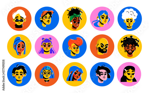 A large set of bright cartoon avatars. Diverse multicultural characters. Faces of men and women