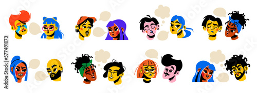 A set of characters with bubbles clouds. Different emotions of people. People talk, dialogue, argue, vote