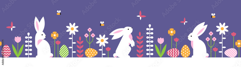 Easter horizontal seamless illustration with rabbits, flowers and eggs. 