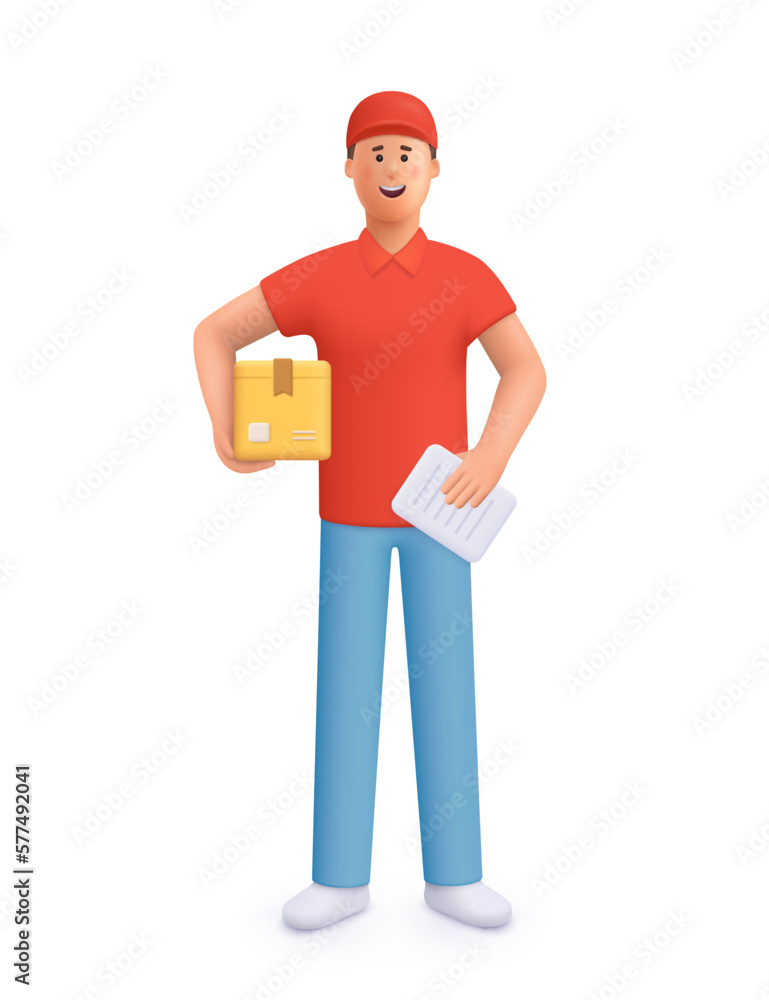 Delivery courier man in red uniform holding package box. Safe delivery of goods concept. 3d vector people character illustration. Cartoon minimal style.