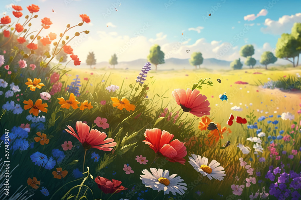 Fototapeta premium Illustration of a flower meadow in spring. Generative AI