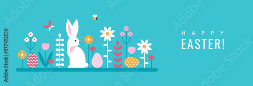 Easter horizontal greeting card with flowers, eggs and rabbit.