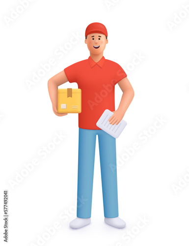 Delivery courier man in red uniform holding package box. Safe delivery of goods concept. 3d vector people character illustration. Cartoon minimal style.