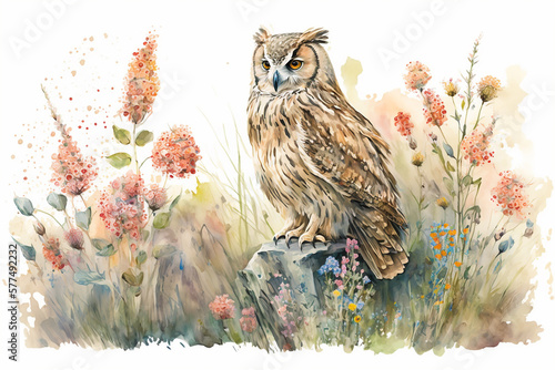 Watercolor painting of friendly owl in a colorful flower field. Ideal for art print, greeting card, springtime concepts etc. Made with generative AI.
 photo