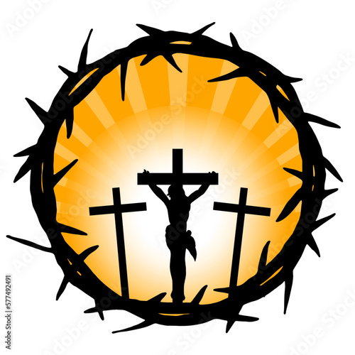 Good friday crucifixion Easter religious vector illustration - Black silhouette of Crown of thorns icon symbol and crucifix cross with jesus and yellow sunbeams, isolated on white background