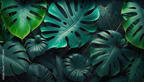 Group background of dark green tropical monstera leaves. Generative ai. © Moon Story