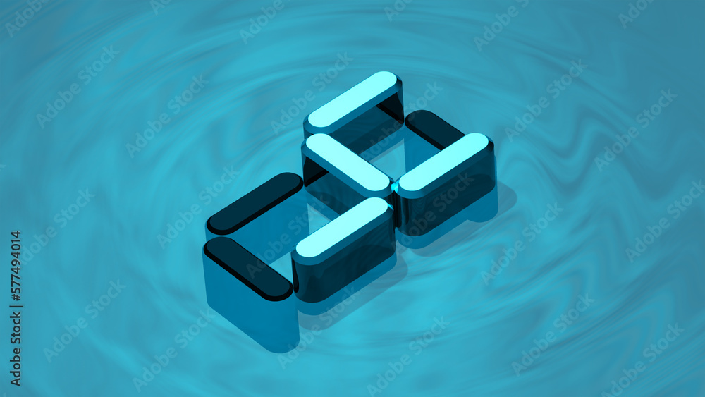 Isometric digit 4, 3D render in reflective glass floating on digital water like surface. Extruded number four.
