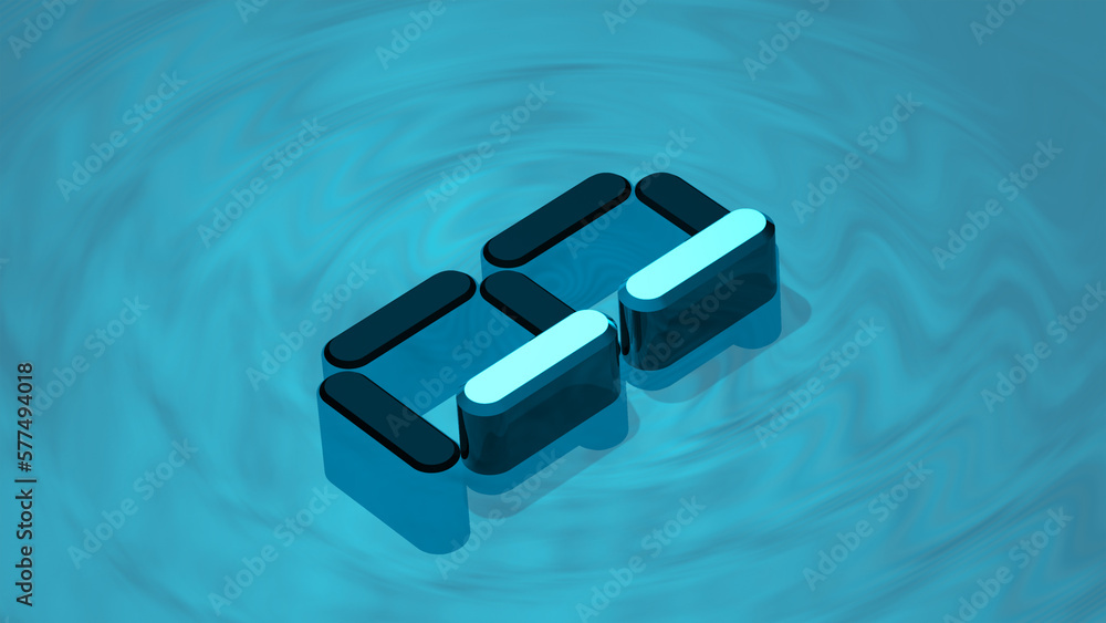 Isometric digit 1 3D render in reflective glass floating on digital water surface. Extruded number one.
