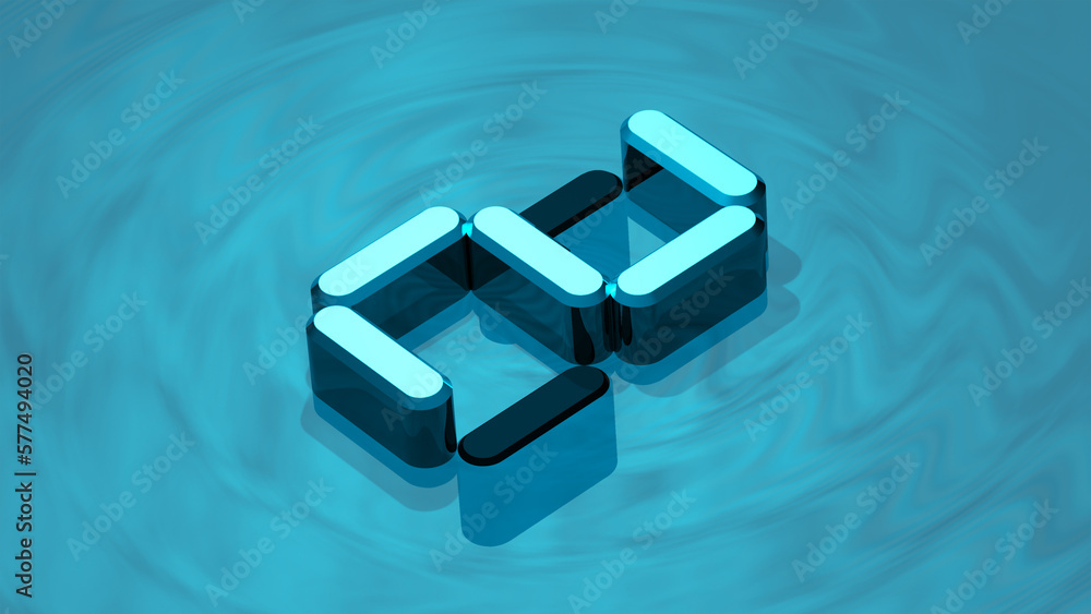 Isometric digit 2 3D render in reflective glass floating on digital water surface. Extruded number two.