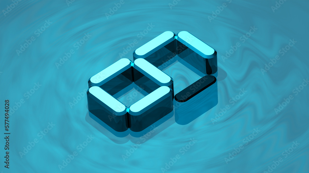 Isometric digit 6, 3D render in reflective glass floating on water like surface. Extruded number six.