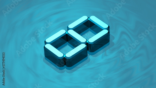 Isometric digit 8, 3D render in reflective glass floating on water like surface. Extruded number eight.
