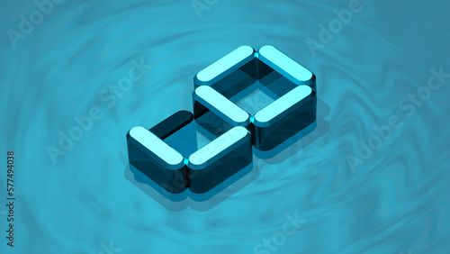 Isometric digit 9, 3D render in reflective glass floating on water like surface. Extruded number nine.