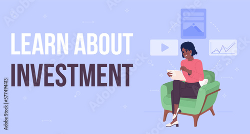 Learn about investment flat vector banner template. Online broker distance class. Investing course poster, leaflet printable color designs. Editable flyer page with text space. Bebas Neue font used