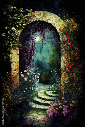 Dreamy impressionist garden with floral arch, vintage style, Generative Ai