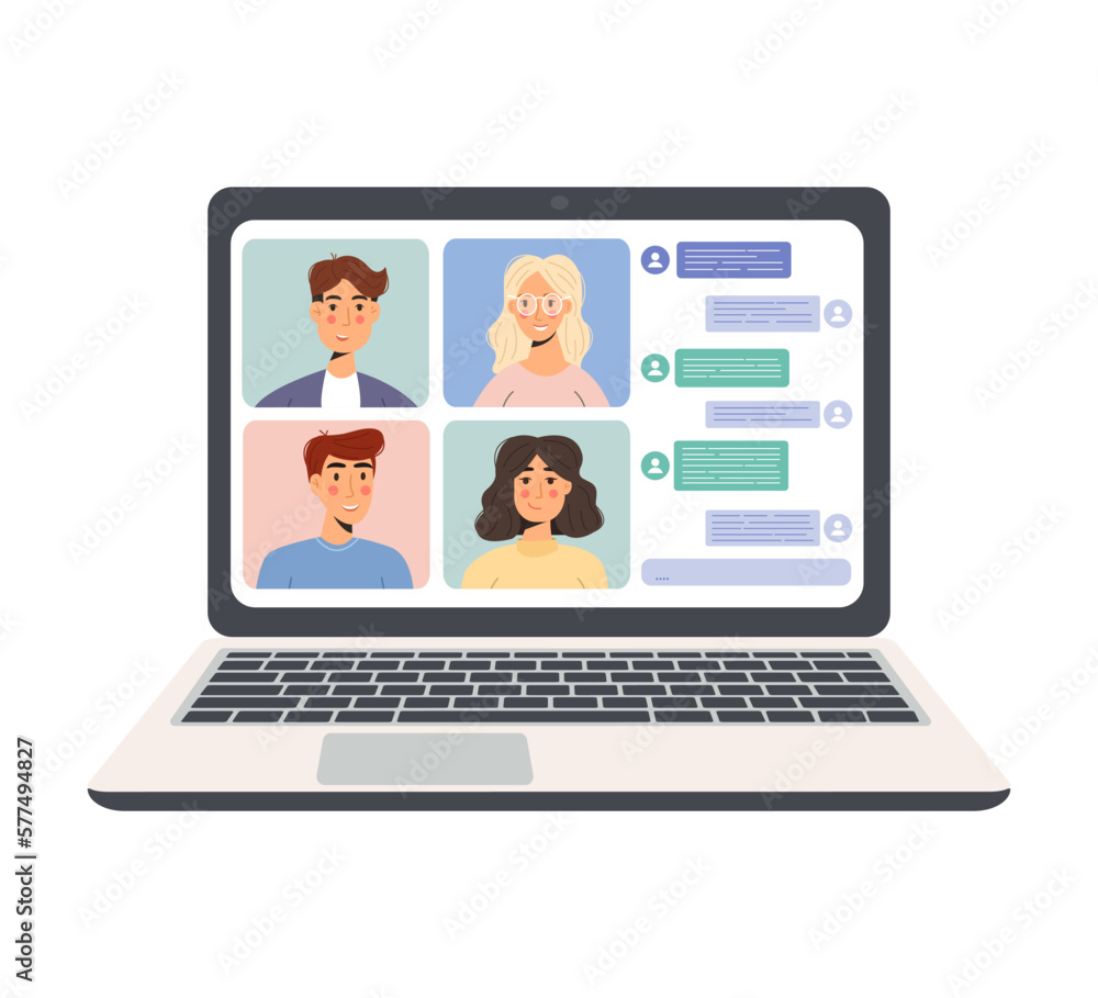 People connect, online meeting, confer, participate or meet online through teleconferencing, videoconferencing, telecommuting, work from home and work anywhere. Flat vector illustration. People connect, online meeting, confer, participate or meet online through teleconferencing, videoconferencing, telecommuting, work from home and work anywhere. Flat vector illustration.