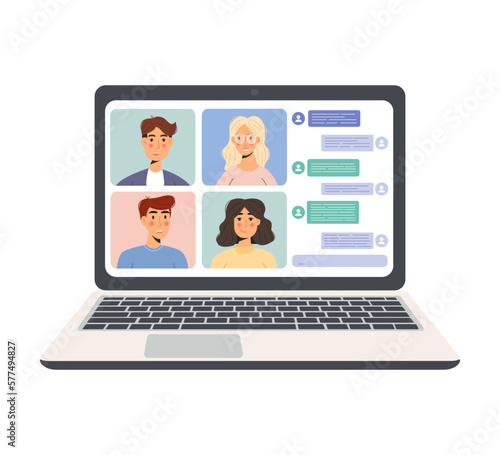 People connect, online meeting,  confer, participate or meet online through teleconferencing, videoconferencing, telecommuting, work from home and work anywhere. Flat vector illustration.