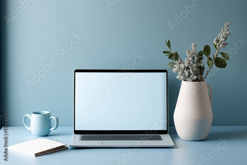 Wallpaper Mural Mockup blank screen laptop and ceramic vase on white counter table with light blue wall, copy space. Generative AI Torontodigital.ca
