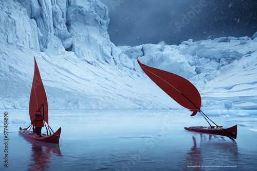 Fotografiet ice landscape sport on boats with oars winter kayaking in antarctica