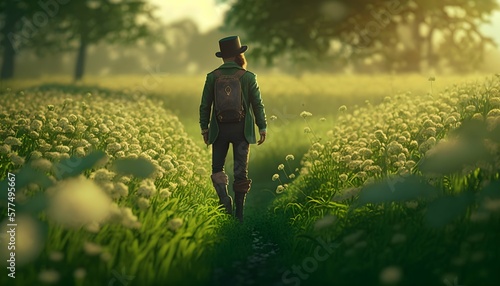 Irish man walking in a field of dandelions dressed as a leprechaun, generative ai (ID: 577495667)