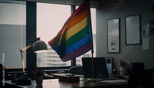 Pride flag on an office table, Generative AI (ID: 577495668)