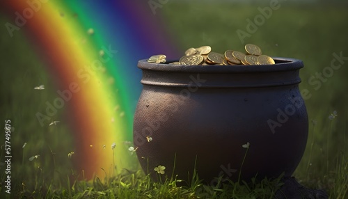 Pot of gold on a field at the end of the rainbow, generative AI (ID: 577495675)