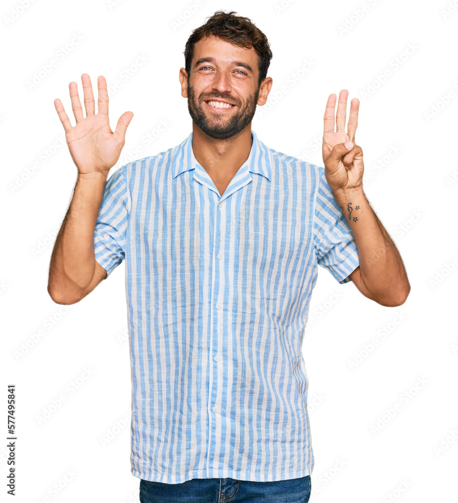 Handsome young man with beard wearing casual fresh shirt showing and pointing up with fingers number eight while smiling confident and happy. Handsome young man with beard wearing casual fresh shirt showing and pointing up with fingers number eight while smiling confident and happy.