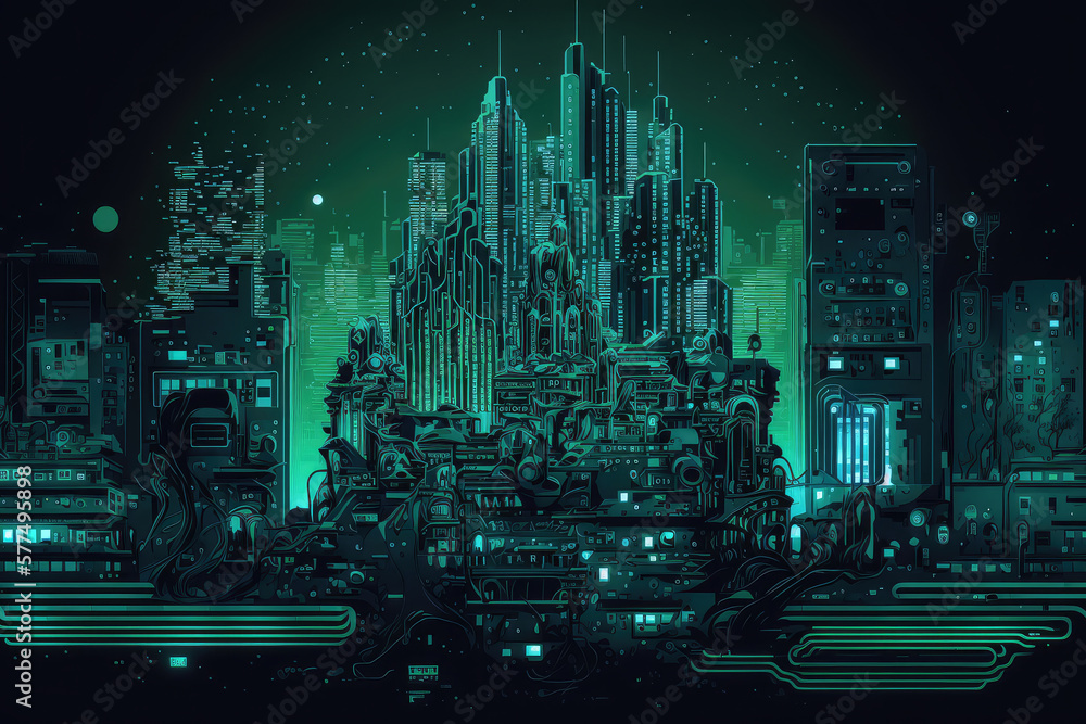 Abstract digital background with circuit board patterns in shades of blue and green, resembling a futuristic cityscape at night, generative ai