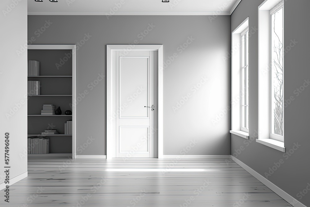 Vacant room with a wooden floor and white and gray walls. Concept of product placement and advertising. a mockup. Generative AI Vacant room with a wooden floor and white and gray walls. Concept of product placement and advertising. a mockup. Generative AI