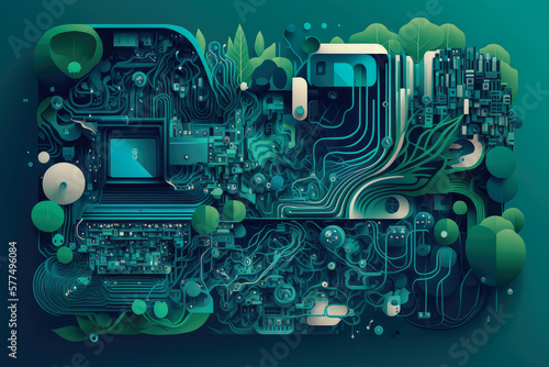 Abstract image of circuit board patterns in shades of blue and green, with overlapping layers resembling a digital landscape, generative ai