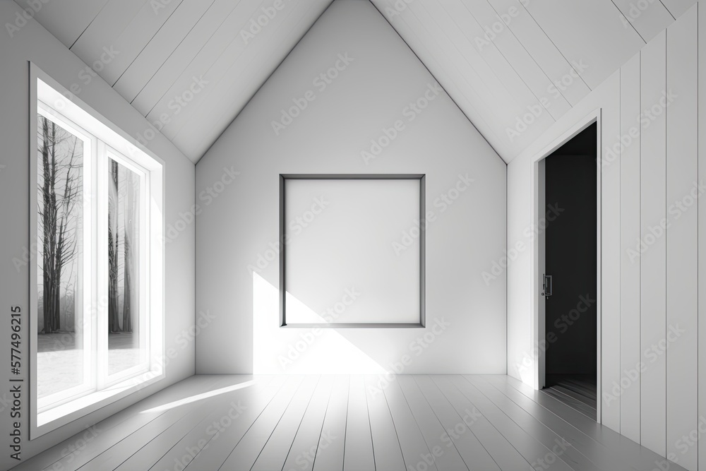 Interior space with white wall window ceiling and wood floor. Front view minimal modern mock up . Sunlight warm lighting . illustration. Generative AI Interior space with white wall window ceiling and wood floor. Front view minimal modern mock up . Sunlight warm lighting . illustration. Generative AI