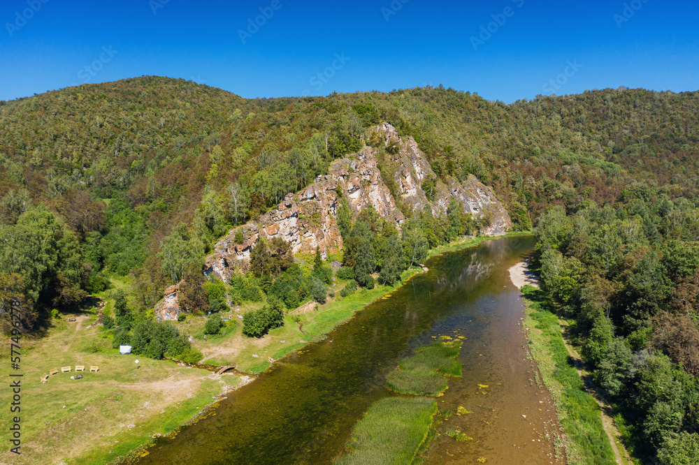 Southern Urals, mountain river Zilim near the Kinderlin cave. Aerial view.
