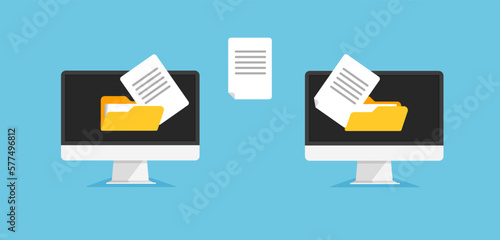File transfer concept. Uploading documents to internet, copy to cloud storage or pc. Download process. Data exchange, backup. Vector illustration in trendy flat style.