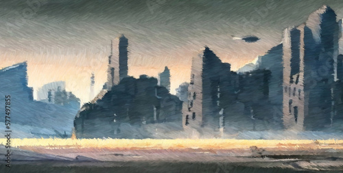 Science fiction futuristic city. Digital painting. Concept art. 2d illustration.