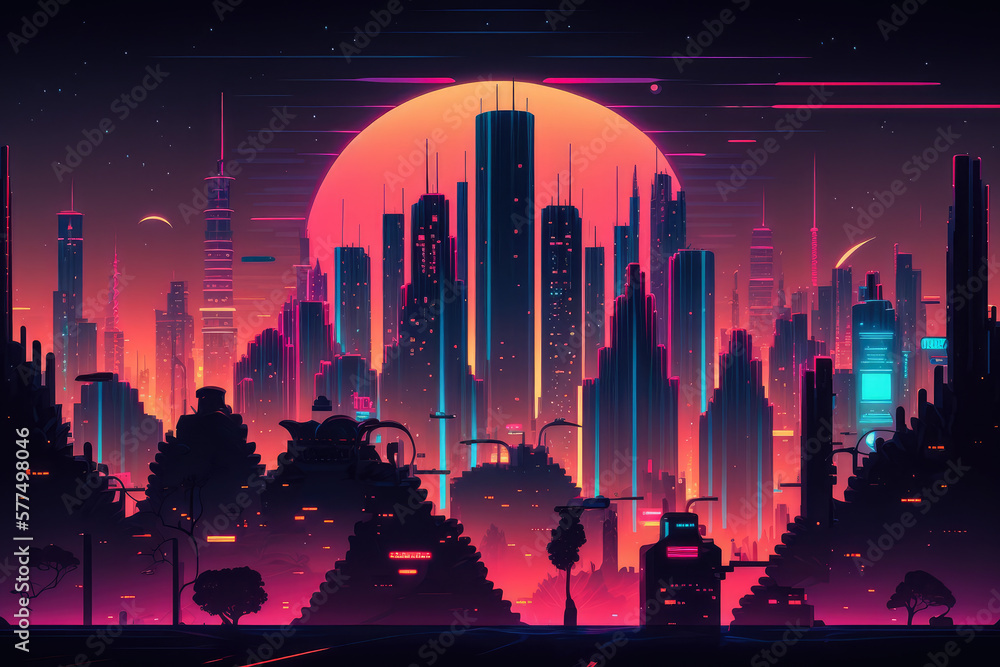 Cyberpunk Skyline with Neon Holographic Displays, generative ai