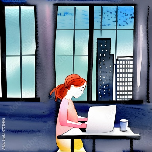 Watercolor illustration of woman working on laptop, Generative AI (ID: 577498012)