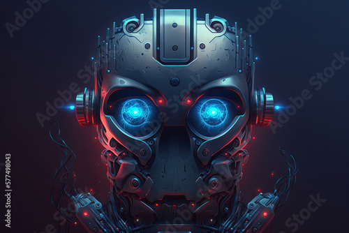 Dark and moody image of a robotic head with glowing blue eyes, generative ai