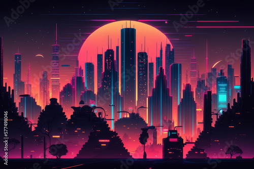 Cyberpunk Skyline with Neon Holographic Displays  generative ai
