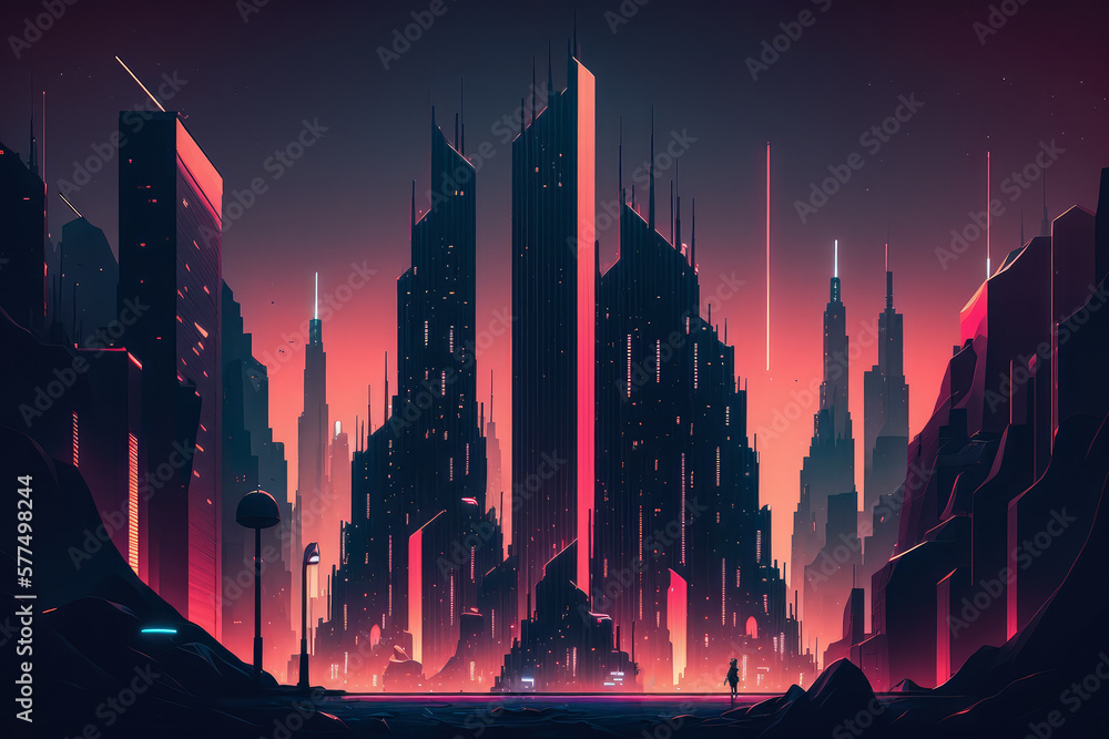 Dark Cyberpunk City with Towering Skyscrapers and Glowing Neon Lights, generative ai Dark Cyberpunk City with Towering Skyscrapers and Glowing Neon Lights, generative ai