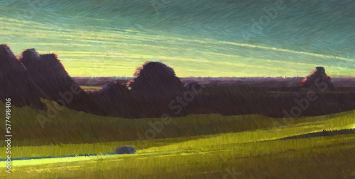 Green alien landscape. Digital watercolor painting. Concept art. 2d illustration. photo