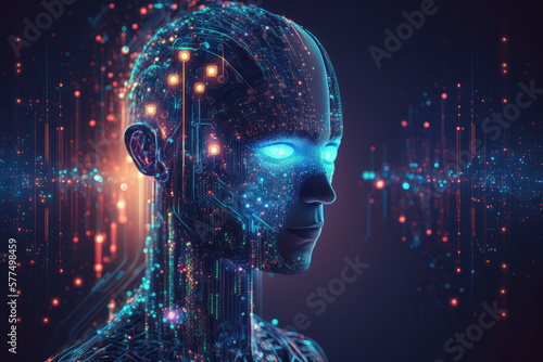 Digital avatar of an advanced AI program projecting a holographic image with glowing circuits and binary code streaming in the background, generative ai
