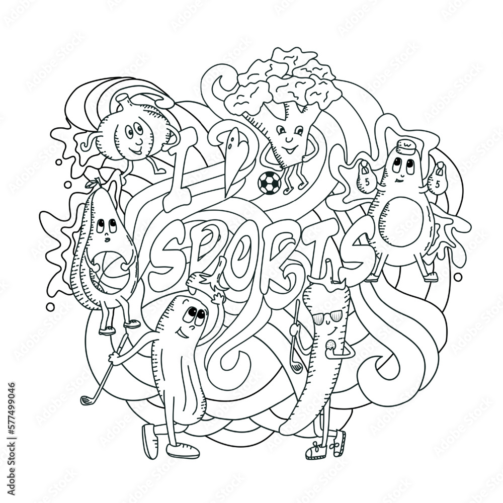 Hand drawning vector black and white illustration. Vegetable lettuce is actively involved in sports demonstrating a healthy lifestyle. Hand drawning vector black and white illustration. Vegetable lettuce is actively involved in sports demonstrating a healthy lifestyle.
