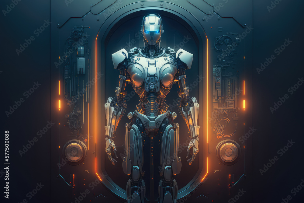 Futuristic robotic avatar of an intelligent AI program standing in a glowing sci-fi laboratory surrounded by advanced technology and mechanical components, generative ai