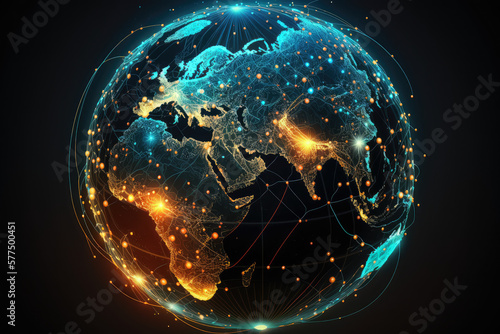 Fototapet Global Connections Digital Globe with Glowing Lines and Nodes of Worldwide Citie