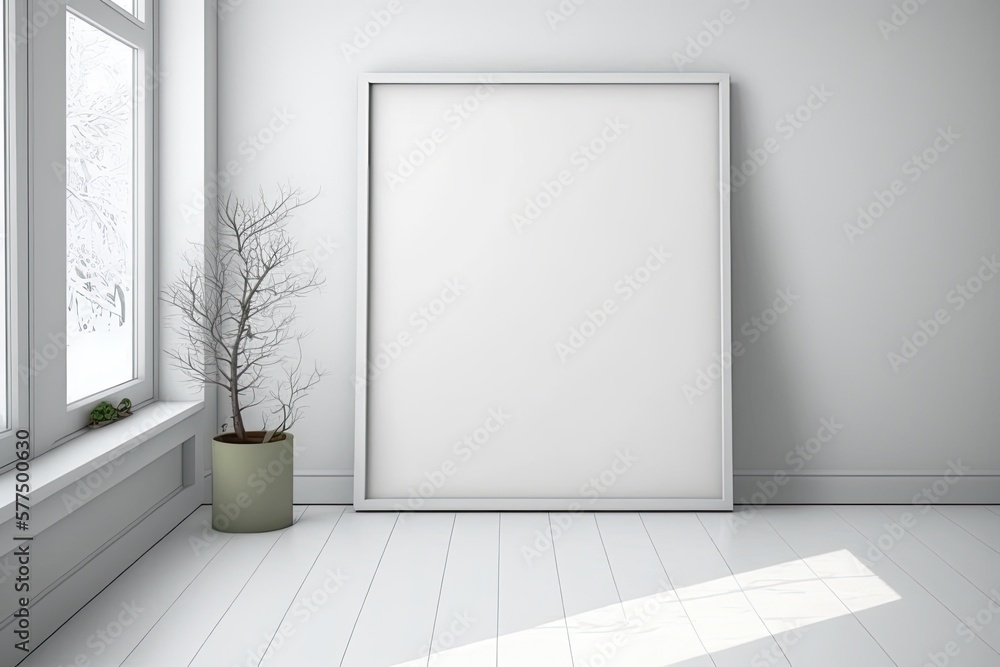 Empty picturer frame on the floor in cozy space. Interior frame mockup. Generative AI Empty picturer frame on the floor in cozy space. Interior frame mockup. Generative AI