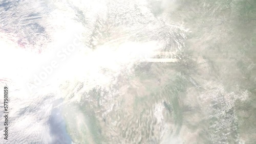 Earth zoom in from outer space to city. Zooming on Payette, Idaho, USA. The animation continues by zoom out through clouds and atmosphere into space. Images from NASA photo