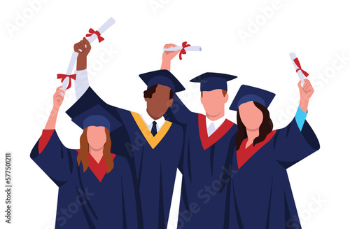 graduate. Happy students in faceless style with diplomas in academic gown and graduation cap, group with graduation certificate