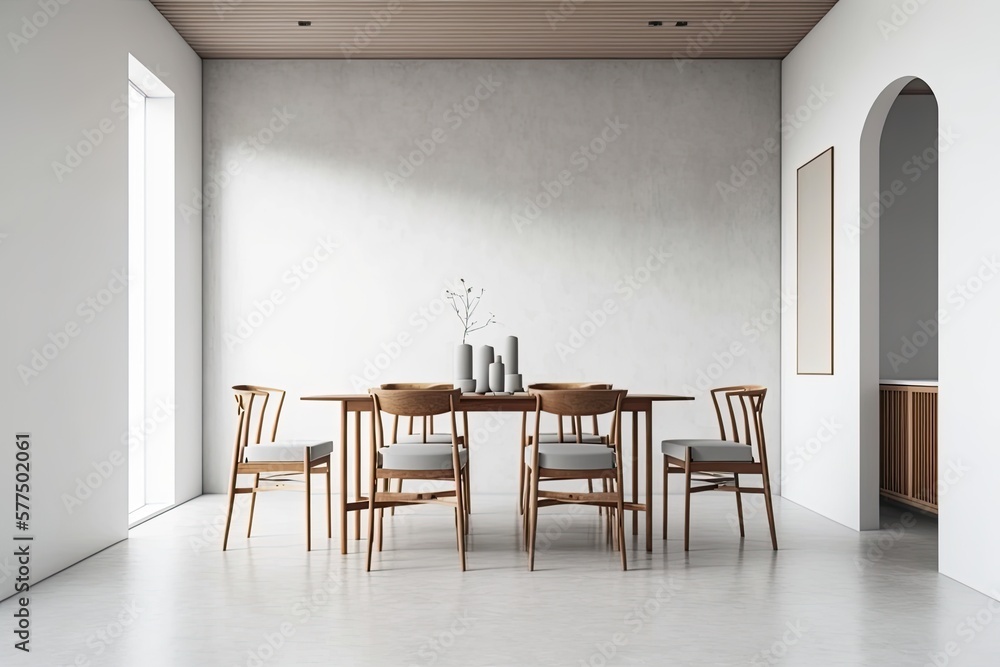 Long wooden dining room table with wooden chairs standing in an empty white room corner. mock up. Generative AI Long wooden dining room table with wooden chairs standing in an empty white room corner. mock up. Generative AI
