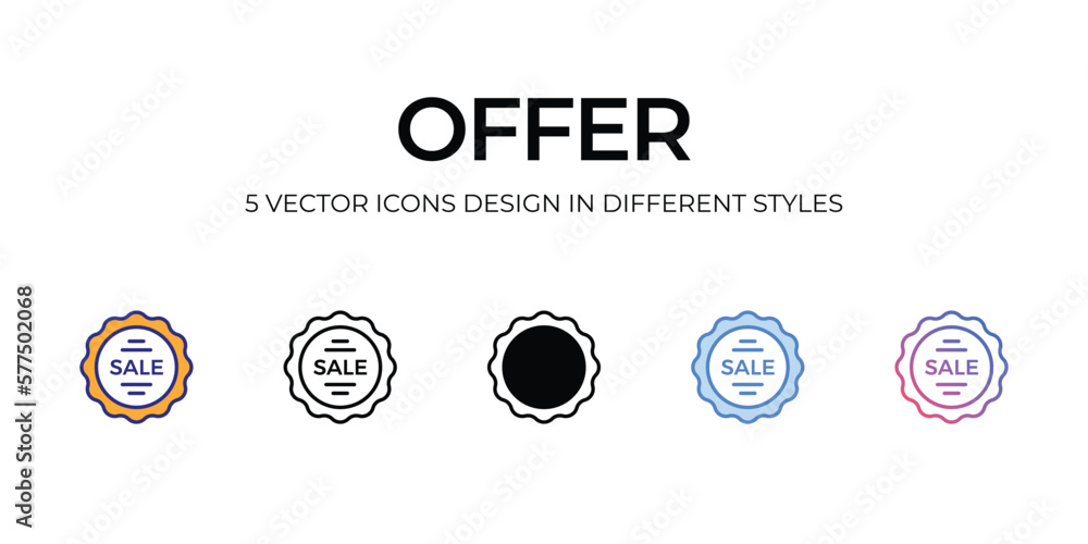 offer Icon Design in Five style with Editable Stroke. Line, Solid, Flat Line, Duo Tone Color, and Color Gradient Line. Suitable for Web Page, Mobile App, UI, UX and GUI design.