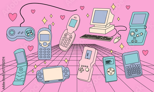 Set of retro games, consoles, mp3 player, flip phone, computer. 2000s style technology. Old style gadgets. Nostalgia set of 1990s, 2000s electronics devices. Y2K and retrowave style illustration